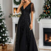 V Neck Ruffle Sleeves Sequin Maxi Long Evening Dress