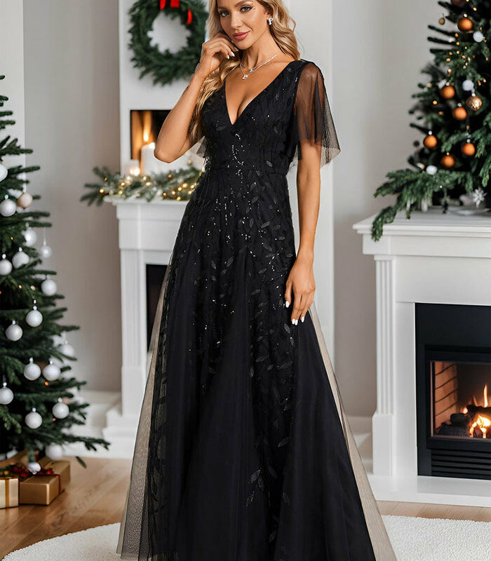 V Neck Ruffle Sleeves Sequin Maxi Long Evening Dress