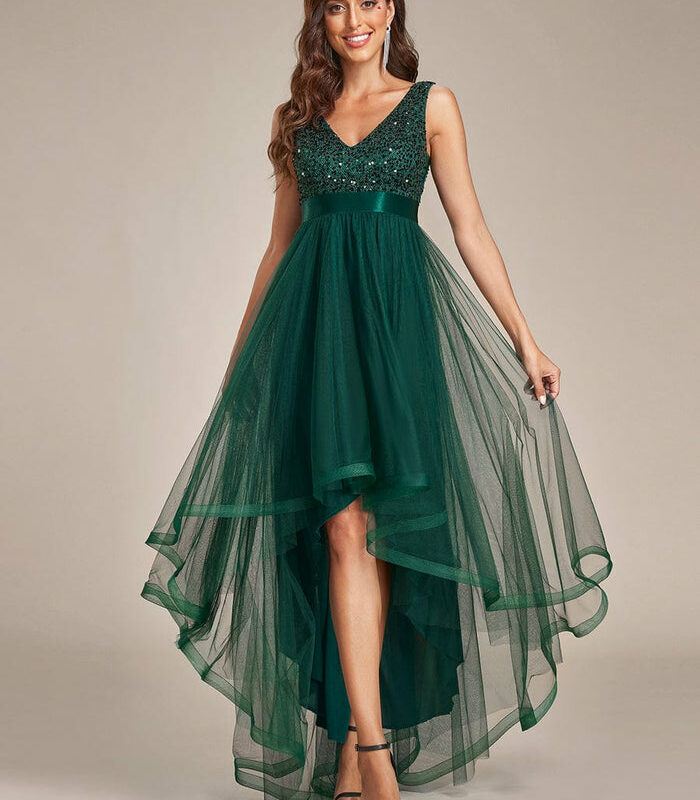 High-Low Evening Dress with Ribbon Waist