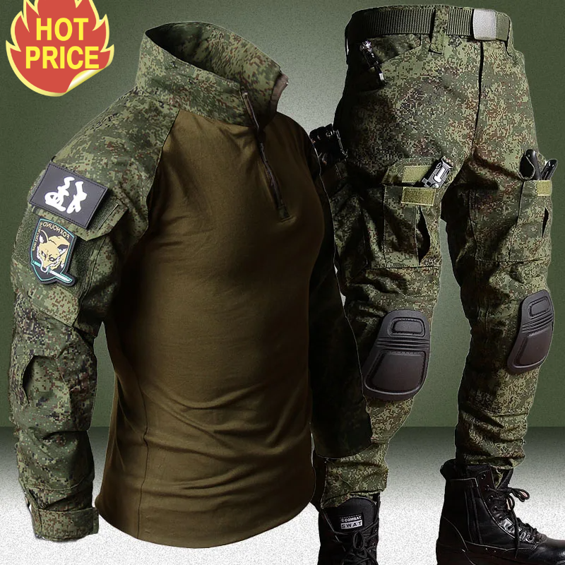 Outdoor Breathable Long Sleeve Tshirts+Multi-pocket Straight Cargo Pant 2 Pcs Suit