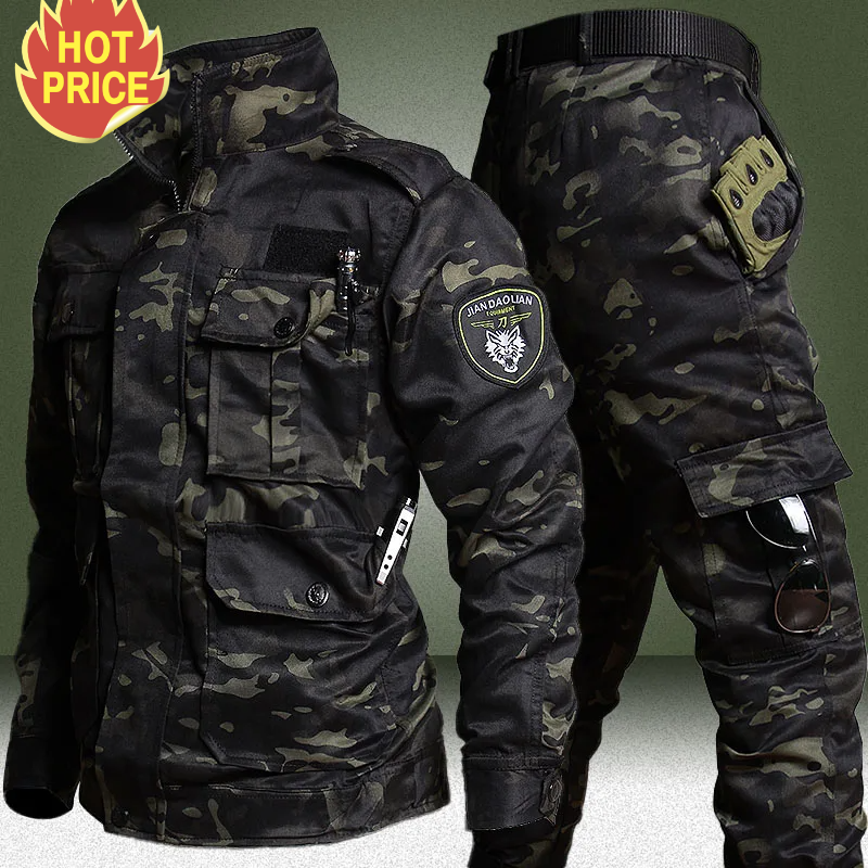 Military Wear-resistant Sets Men Camo Spring Autumn Multi-pocket Army Training Suits Male Outdoor Training Fishing Cargo Set